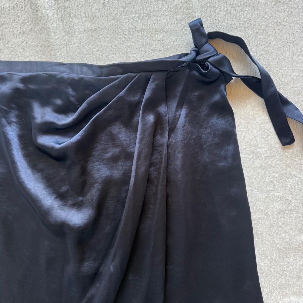 Mango MNG Womens XL Navy Blue Satin Crossover Midi Skirt Side Slit Bow Tie